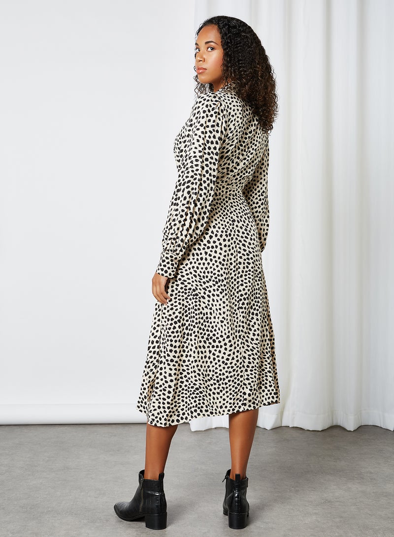 Dot Pattern Long Sleeve Midi Dress Beige Check