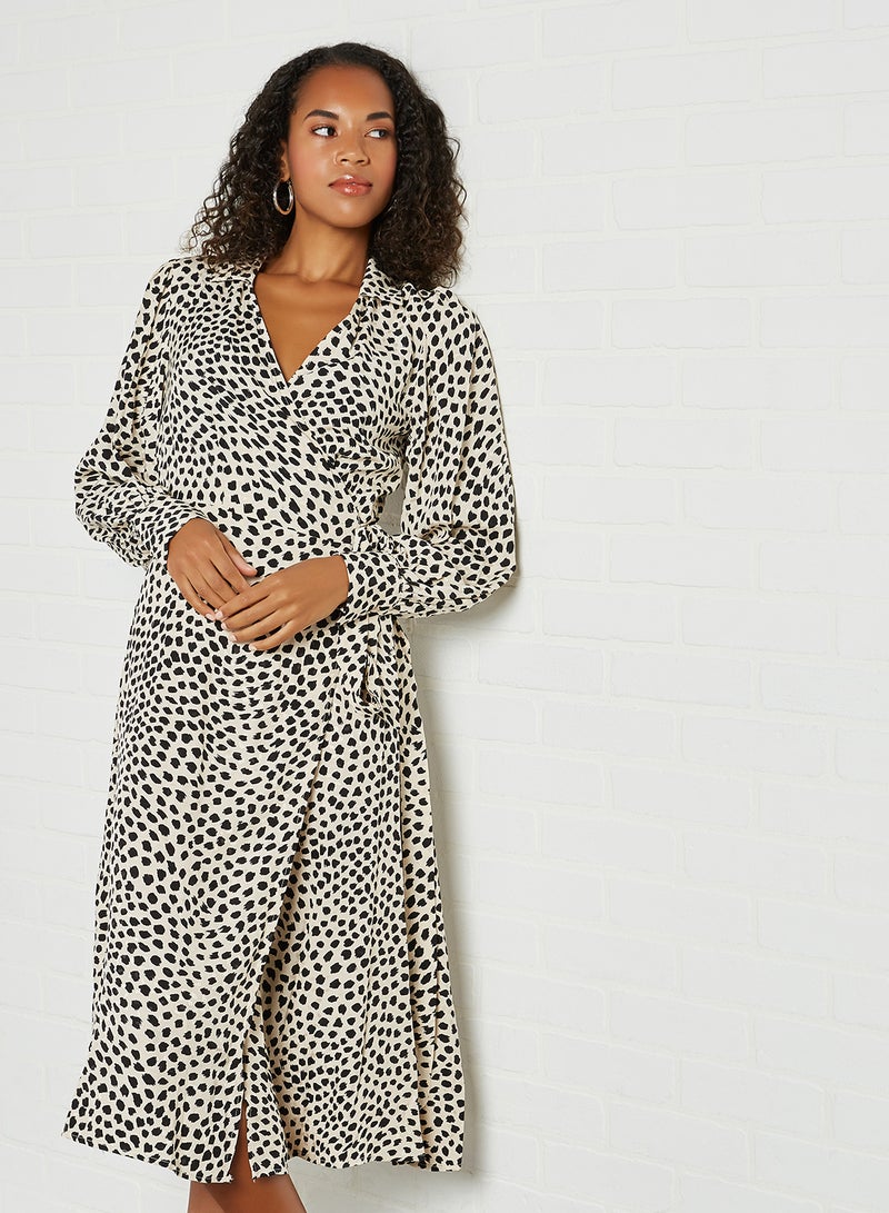 Dot Pattern Long Sleeve Midi Dress Beige Check