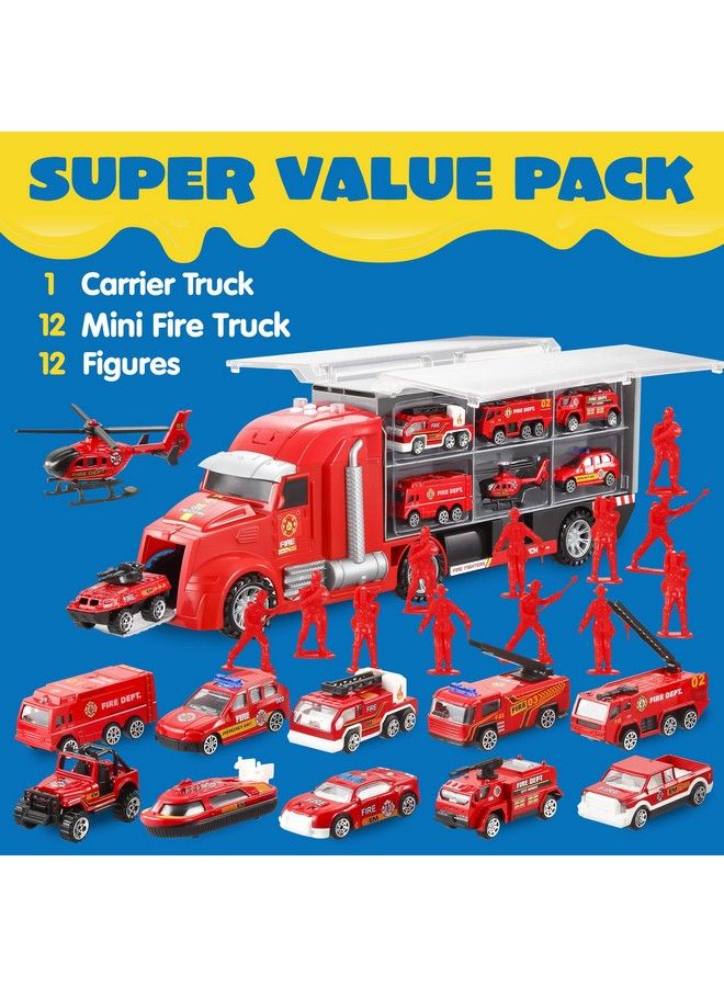 25 In 1 Diecast Fire Truck Vehicle Toy Set With Sounds And Lights, Fire Engine Vehicles In Carrier Truck, Mini Rescue Emergency Fire Truck Car Toy, Birthday Gifts For Over 3 Years Old Boys