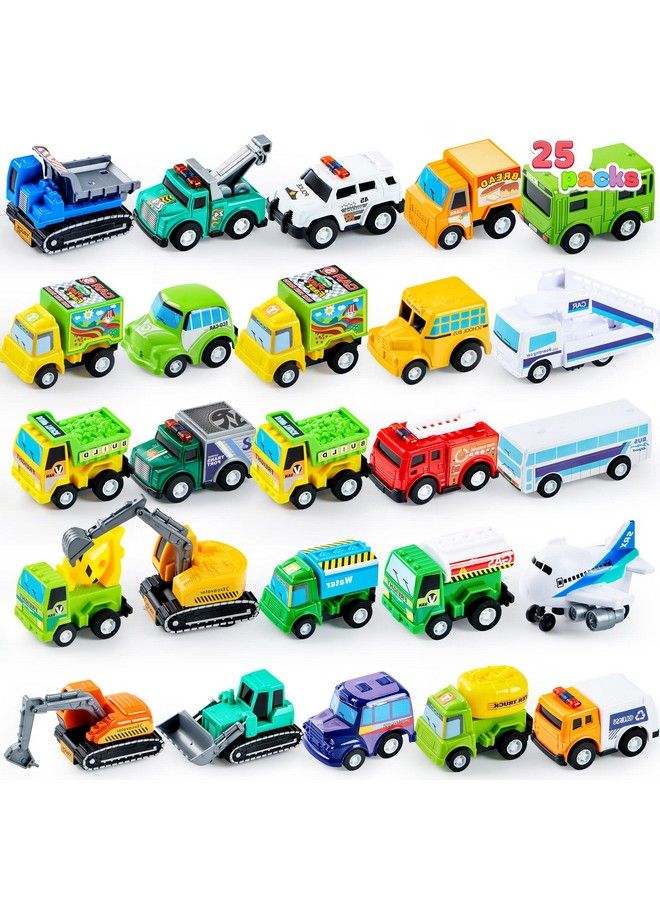 25 Piece Pull Back Cars And Trucks Toy Vehicles Set For Toddlers, Girls And Boys Kids Play Set, Diecast Car Set