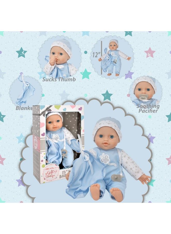 Baby Boy Doll For Toddlers 12 Inch Soft Body Baby Doll In Gift Box, Baby Doll With Pacifier, Blanket And Blue Clothes