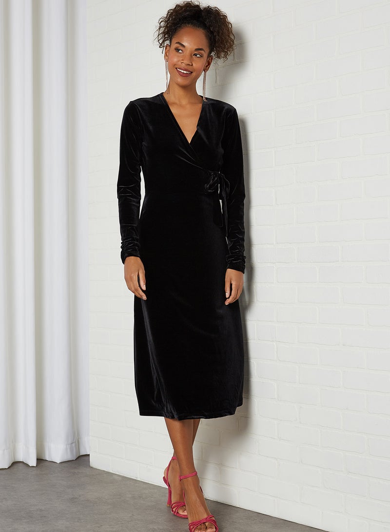 V-Neck Long Sleeve Midi Dress Black