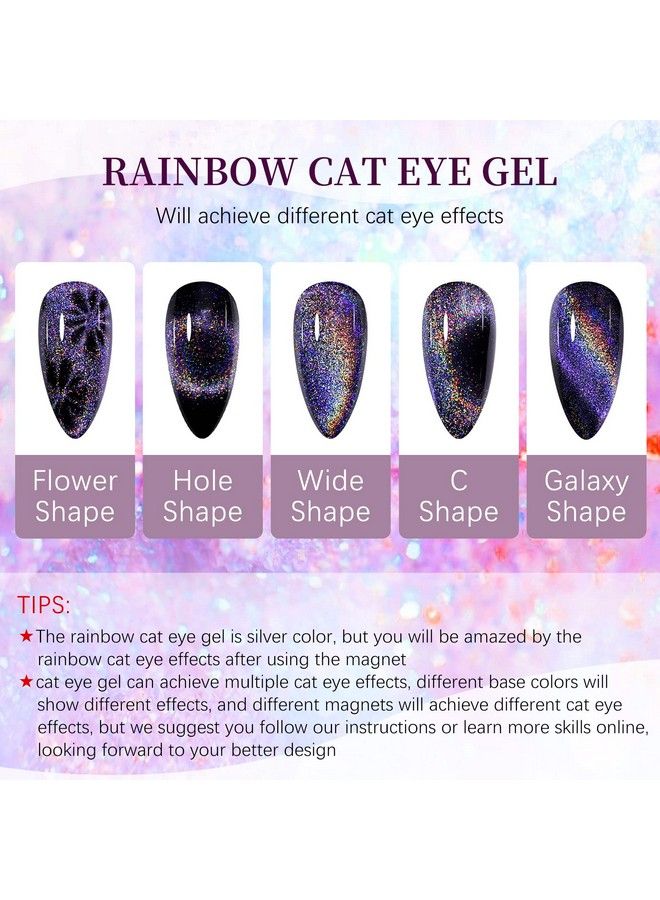Universal Rainbow Cat Eye Gel Polish Holographic 9D Cat Eye Nail Polish Sparkle Nail Gel Polish With Magnetic Stick Varnish Nail Art Nail Salon Manicure 1 Bottle 10Ml(0.33Fl.Oz)