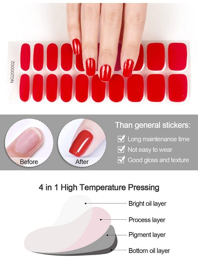 Red Semi Cured Gel Nail Polish Strips Stickers Ebanku Adhesive Full Wrap Gel Nail Art Sticker Waterproof Gel Nail Wrap Stickers With Nail File And Stick（Uv/Led Lamp Required）