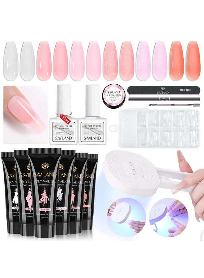 Poly Gel Nail Kit 6 Colors Poly Nail Extension Gel Set 36W Uv Lamp Poly Nail Gel Kit With Base & Top Gel White Pink Colors For French Manicure Nail Art For Starter Home Diy