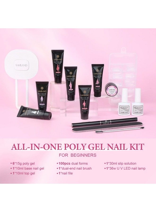 Poly Gel Nail Kit 6 Colors Poly Nail Extension Gel Set 36W Uv Lamp Poly Nail Gel Kit With Base & Top Gel White Pink Colors For French Manicure Nail Art For Starter Home Diy