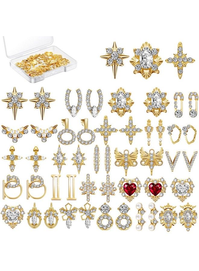 48 Pieces 3D Shiny Nail Rhinestones Luxury Nail Decoration Diamonds Metal Nail Jewelry Nail Beauty Design Charms Gold Heart Nail Gems Nail Design Crystals For Diy Women Nail 24 Styles