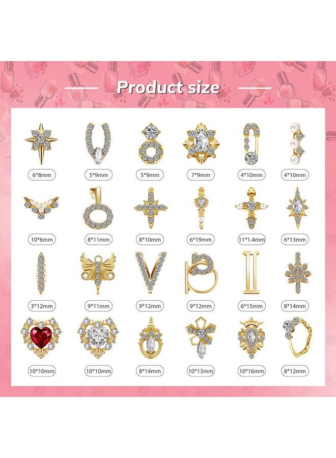 48 Pieces 3D Shiny Nail Rhinestones Luxury Nail Decoration Diamonds Metal Nail Jewelry Nail Beauty Design Charms Gold Heart Nail Gems Nail Design Crystals For Diy Women Nail 24 Styles