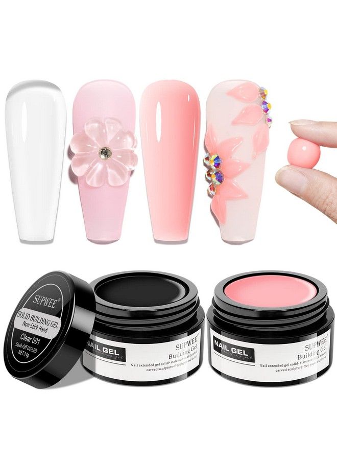 Solid Builder Gel For Nail Extension Clear Nude Nonstick Hand Sculpture Hard Gel With Dual Form Flower Nail Strengthen Nail Art For Home Diy Nail Salon Lamp Cure Require 2 Colors 14G(0.49Oz)