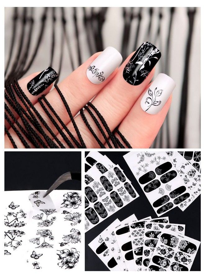 12 Sheets Black White Nail Polish Strips Wraps Full Wrap Adhesive Nail Polish Stickers With 1 Nail File Leaves Flower Vine Pattern Nail Wrap Stickers For Women Nail Art Decorations