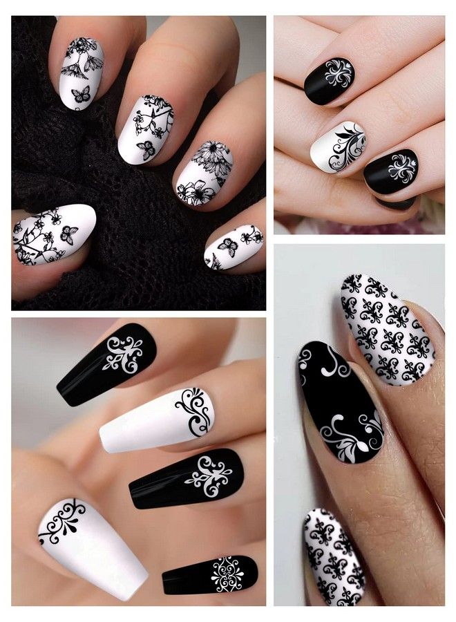 12 Sheets Black White Nail Polish Strips Wraps Full Wrap Adhesive Nail Polish Stickers With 1 Nail File Leaves Flower Vine Pattern Nail Wrap Stickers For Women Nail Art Decorations