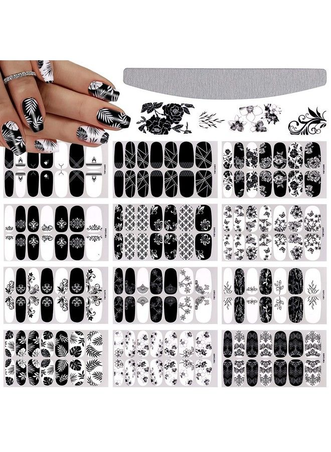 12 Sheets Black White Nail Polish Strips Wraps Full Wrap Adhesive Nail Polish Stickers With 1 Nail File Leaves Flower Vine Pattern Nail Wrap Stickers For Women Nail Art Decorations