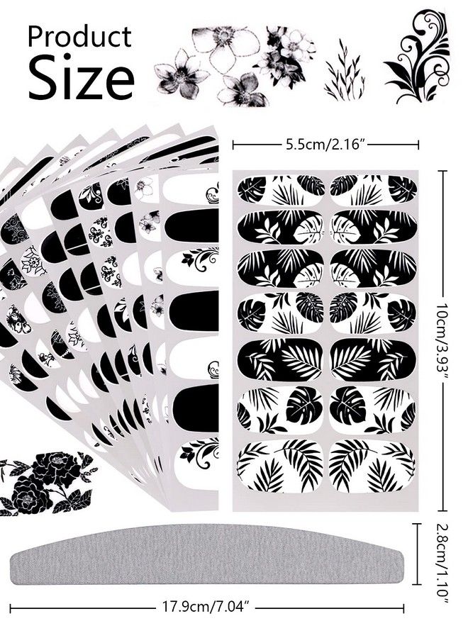 12 Sheets Black White Nail Polish Strips Wraps Full Wrap Adhesive Nail Polish Stickers With 1 Nail File Leaves Flower Vine Pattern Nail Wrap Stickers For Women Nail Art Decorations