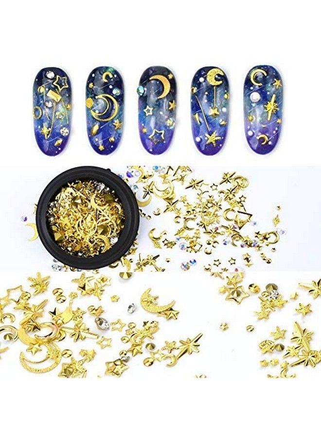 Gold Nail Studs Gems Sparkle Rhinestones Metal Rivets Charms Hollow Moon Star Shaped Artificial Pearls Diy 3D Nail Art Decoration(2 Boxes)