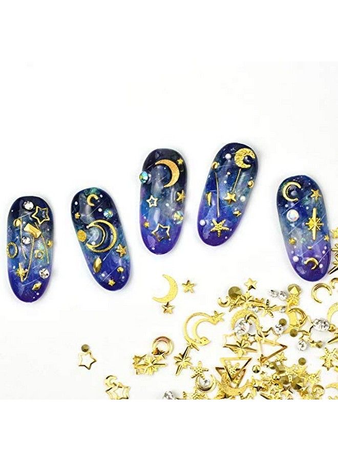 Gold Nail Studs Gems Sparkle Rhinestones Metal Rivets Charms Hollow Moon Star Shaped Artificial Pearls Diy 3D Nail Art Decoration(2 Boxes)