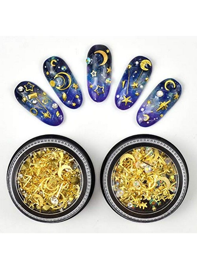 Gold Nail Studs Gems Sparkle Rhinestones Metal Rivets Charms Hollow Moon Star Shaped Artificial Pearls Diy 3D Nail Art Decoration(2 Boxes)