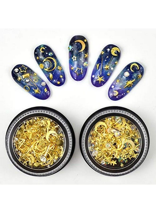 Gold Nail Studs Gems Sparkle Rhinestones Metal Rivets Charms Hollow Moon Star Shaped Artificial Pearls Diy 3D Nail Art Decoration(2 Boxes)