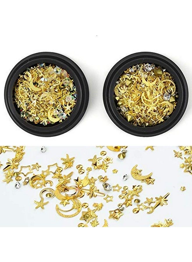 Gold Nail Studs Gems Sparkle Rhinestones Metal Rivets Charms Hollow Moon Star Shaped Artificial Pearls Diy 3D Nail Art Decoration(2 Boxes)
