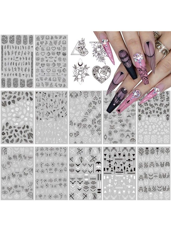 12 Sheets Black White Nail Art Sticker Leaves Retro Flower Vine Pattern Decals French Classic Simple Self Adhesive Decals For Girl Women Nails Art Diy Decoration