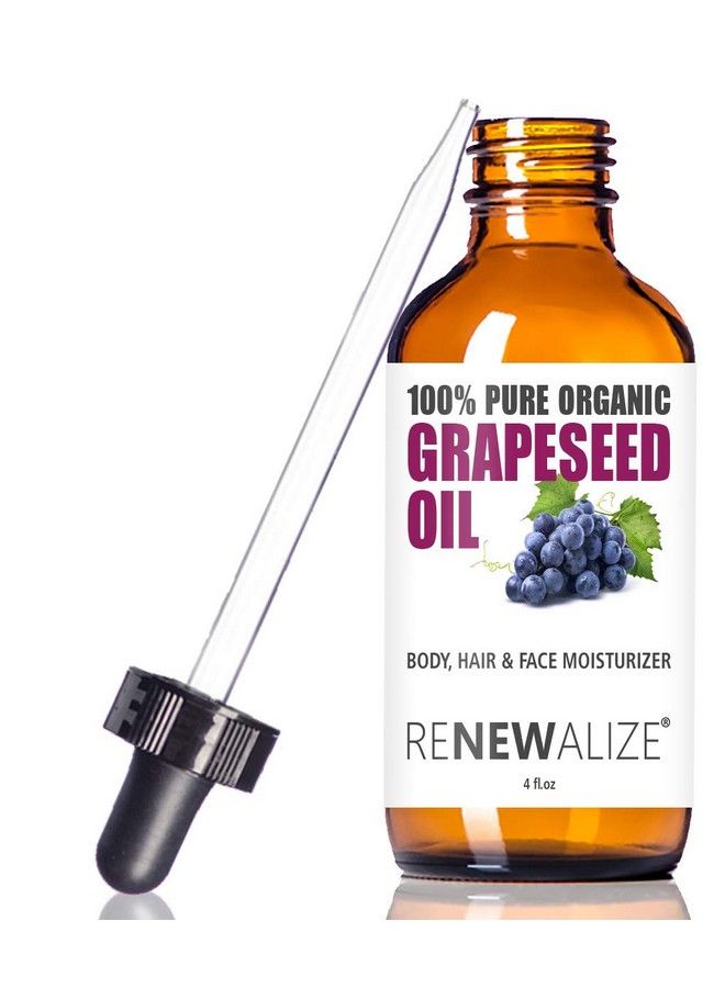 Organic Grapeseed Oil Antiaging Moisturizer Facial Cleanser In 4 Oz Glass Bottle | Unrefined Cold Pressed Grape Seed Oil | Essential To Reduce Skin Wrinkles And Stretch Marks