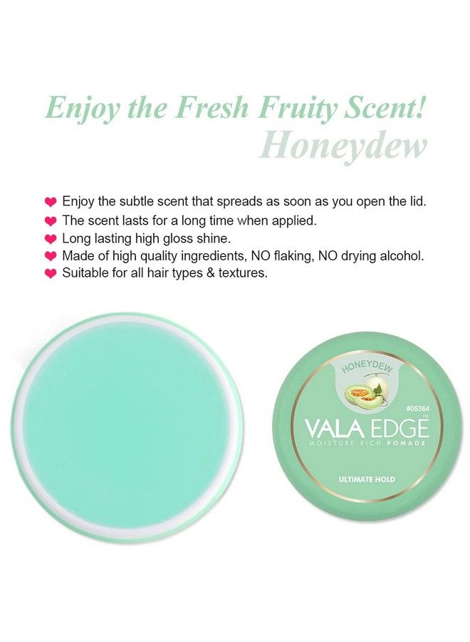 Hair Pomade Vala Edge Control 100Ml 3.38 Fl Oz Strong Ultimate Hold High Shine Easy To Wash Out Made In Korea Beauty Styling Gel (Honeydew Fruity Scent)
