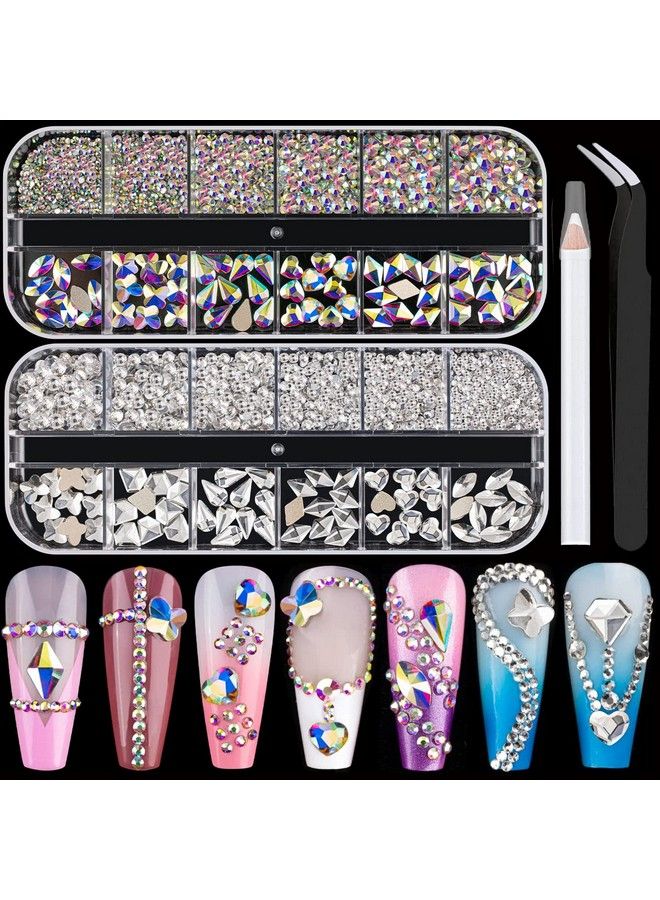 Flat Back Multishaped And Round Glass Nail Art Rhinestones Set 1 Crystal Ab And Clear Gem Bead Jewels Kit With Picker Pencil And Tweezer For Professional And Home Diy Use