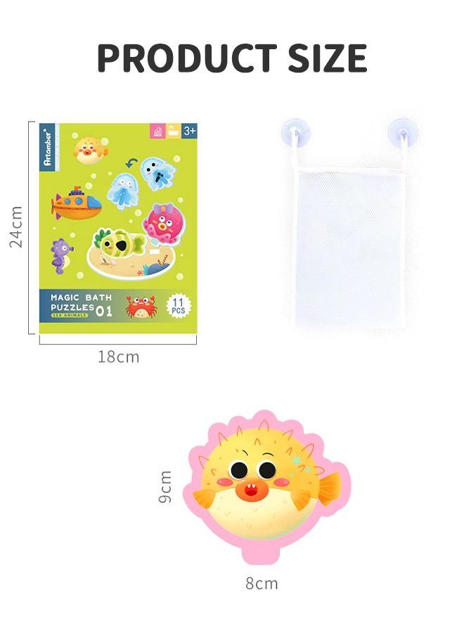 10-PCs Bath Foam Stickers Toys with Mesh Storage Organizer Net, Fun EVA Hanging Bathtub Toy with Suction Pads for Toddler Kid Bathroom Shower Eco-Safe, Fun, Educational for Baby