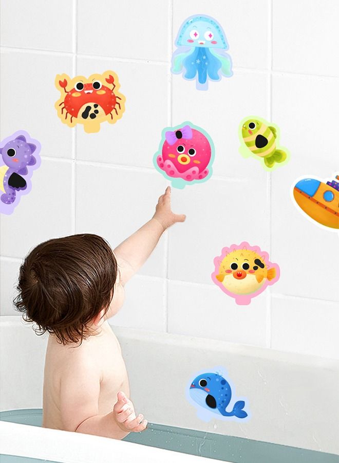 10-PCs Bath Foam Stickers Toys with Mesh Storage Organizer Net, Fun EVA Hanging Bathtub Toy with Suction Pads for Toddler Kid Bathroom Shower Eco-Safe, Fun, Educational for Baby