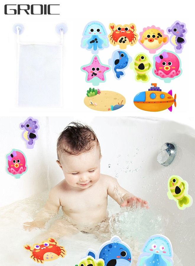 10-PCs Bath Foam Stickers Toys with Mesh Storage Organizer Net, Fun EVA Hanging Bathtub Toy with Suction Pads for Toddler Kid Bathroom Shower Eco-Safe, Fun, Educational for Baby