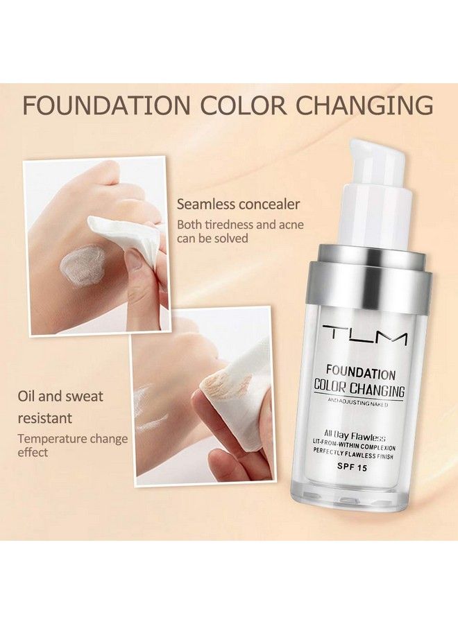 2Pcs Tlm Color Changing Foundation Liquid With 2 Brushes And 2 Cosmetics Sponge Flawless Full Coverage Natural Color Face Primer Base Makeup 30Ml