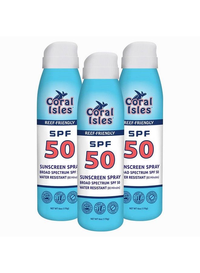 Reef Safe Sunscreen Spf 50 Continuous Spray | Octinoxate & Oxybenzone Free Hawaii Compliant | Broad Spectrum Uva/Uvb Protection | Nongreasy Fragrance Free Vegan | 6 Fl Oz (3Pack)