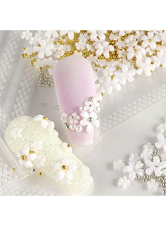 3D Flower Caviar Beads Nail Art Decals Charms For Nails White Pink 3D Acrylic Flower Nail Charms With Pearl Golden Caviar Beads For Women Diy Manicures Salon Accessories