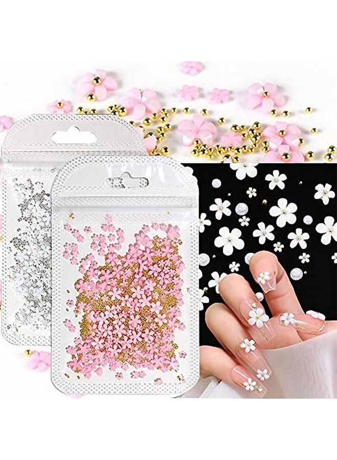 3D Flower Caviar Beads Nail Art Decals Charms For Nails White Pink 3D Acrylic Flower Nail Charms With Pearl Golden Caviar Beads For Women Diy Manicures Salon Accessories