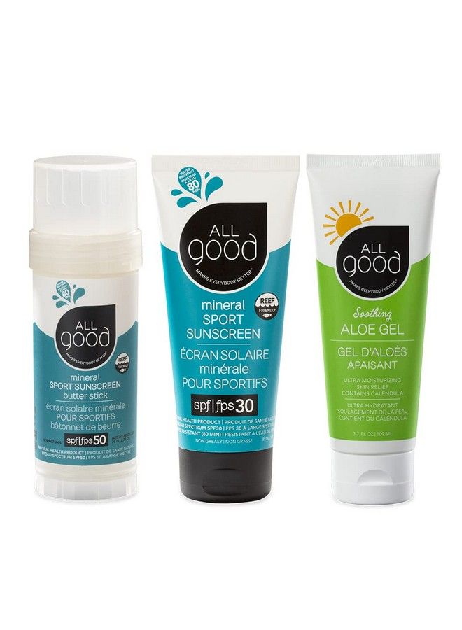 All Good Sport Mineral Sunscreen & Aloe Gel Bundle Uva/Uvb Broad Spectrum Water Resistant Includes (1) Spf 50 Butter Stick (1) Spf 30 Lotion & (1) Aloe Gel