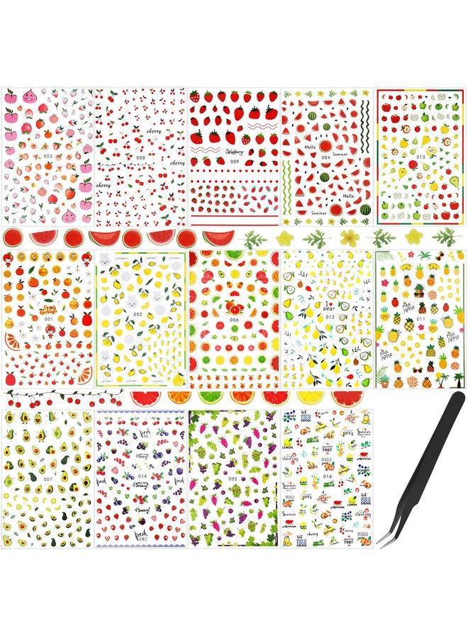 14 Sheets Summer Nail Art Stickers Decals With Tweezers 3D Selfadhesive Diy Nail Art Decoration Summer Fruit Nail Sticker Tropical Fruit Nail Art Decal For Women Little Girls Nail Decoration