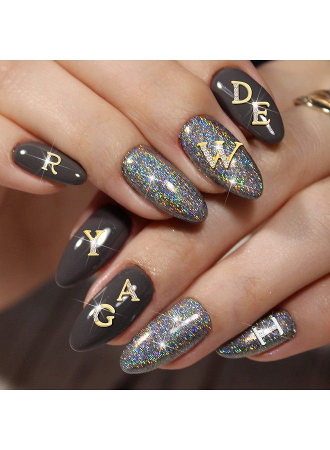 52 Pieces Letters Nail Stud Stickers Alloy Rhinestone Letter Charms 3D Capital Letters Nail Studs Alphabet Nail Charms English Nail Decoration For Women Girls Nail Accessories Home Salon Gold Silver