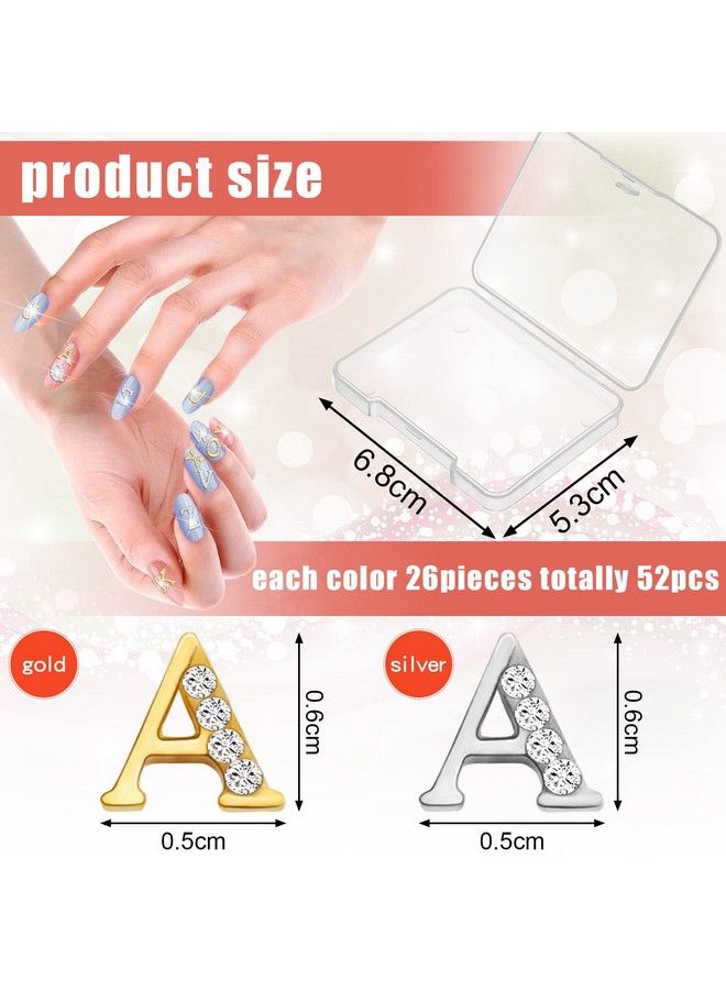52 Pieces Letters Nail Stud Stickers Alloy Rhinestone Letter Charms 3D Capital Letters Nail Studs Alphabet Nail Charms English Nail Decoration For Women Girls Nail Accessories Home Salon Gold Silver