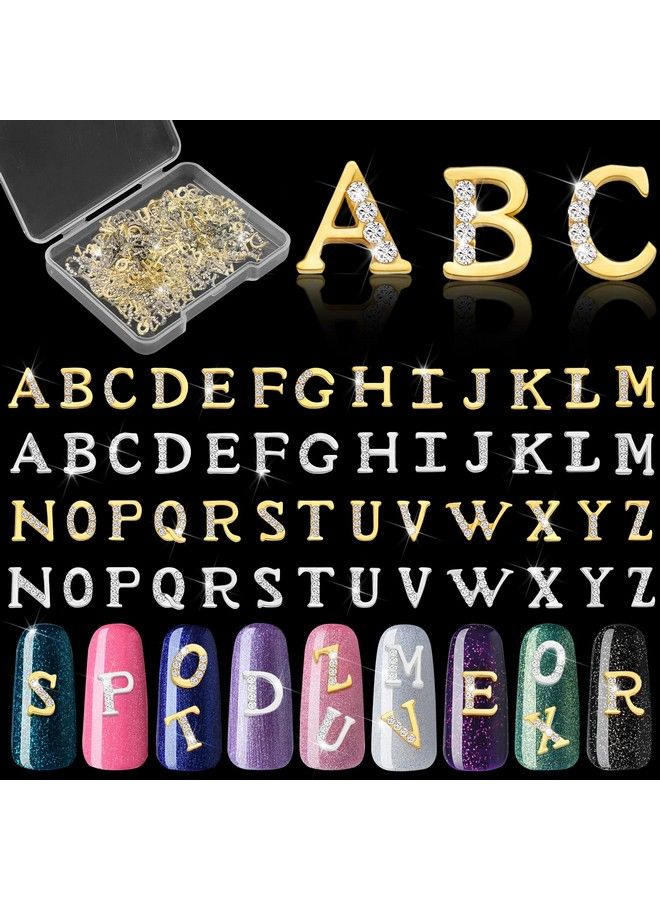 52 Pieces Letters Nail Stud Stickers Alloy Rhinestone Letter Charms 3D Capital Letters Nail Studs Alphabet Nail Charms English Nail Decoration For Women Girls Nail Accessories Home Salon Gold Silver