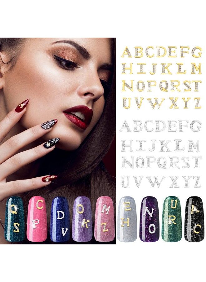 52 Pieces Letters Nail Stud Stickers Alloy Rhinestone Letter Charms 3D Capital Letters Nail Studs Alphabet Nail Charms English Nail Decoration For Women Girls Nail Accessories Home Salon Gold Silver