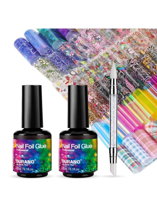 Nail Art Foil Glue Gel 15Ml 2 Bottles With 70Pcs Foil Stickers Set Nail Foil Glue For Nails Designer Nail Foils Nail Art Foil Transfer Gel
