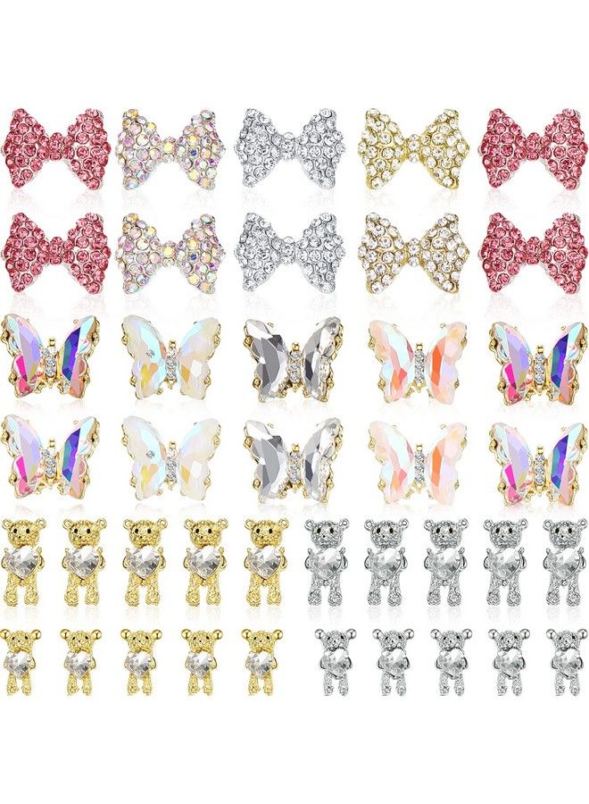 60 Pieces Nail Charms Set Include 40 Pieces 3D Cute Bear Nail Charms 10 Pieces 3D Butterfly Nail Charms Metal Glitter 10 Pieces 3D Bows Nail Art Charms For Nail Art Diy Crafts Manicure Tips Decoration