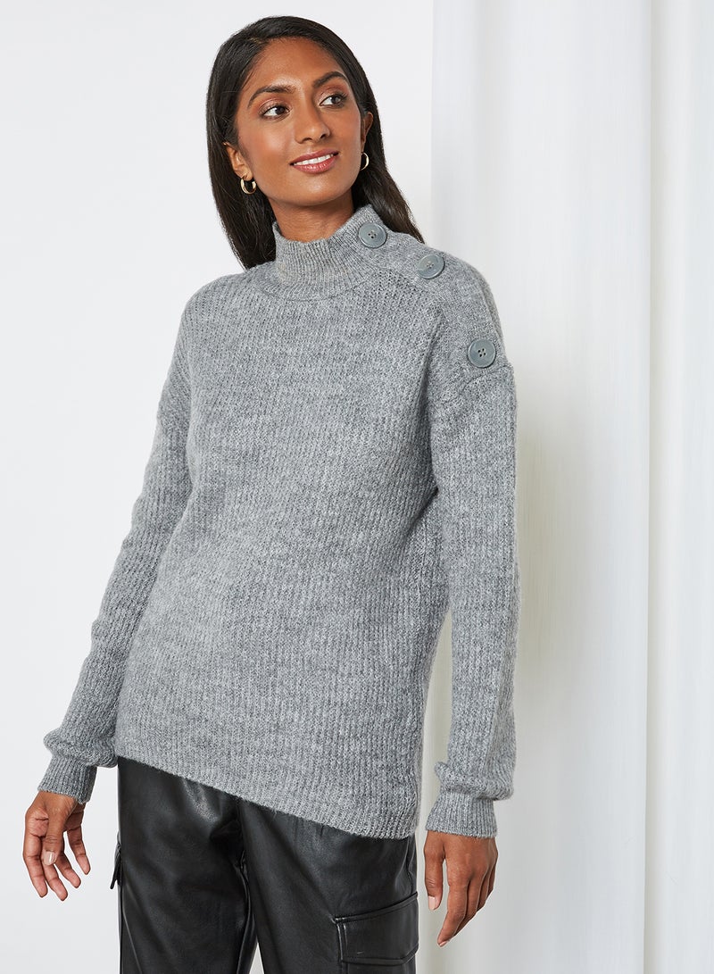 Side Shoulder Button Detail Knitted Sweater Grey