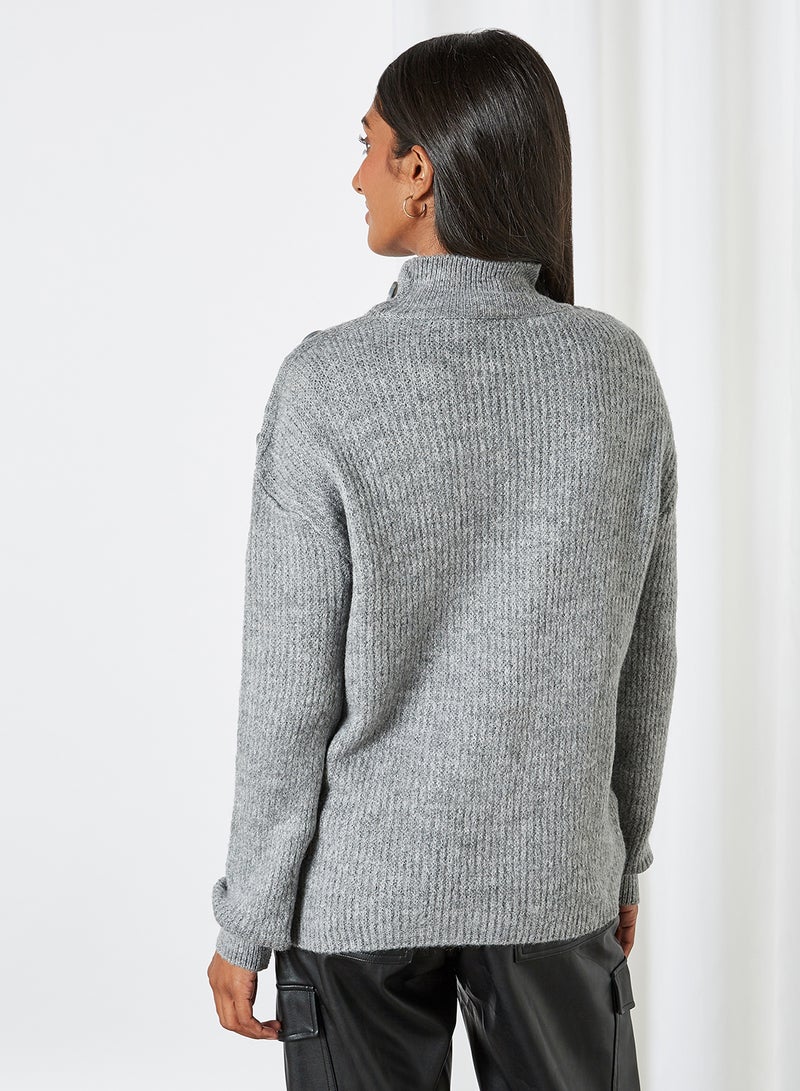 Side Shoulder Button Detail Knitted Sweater Grey