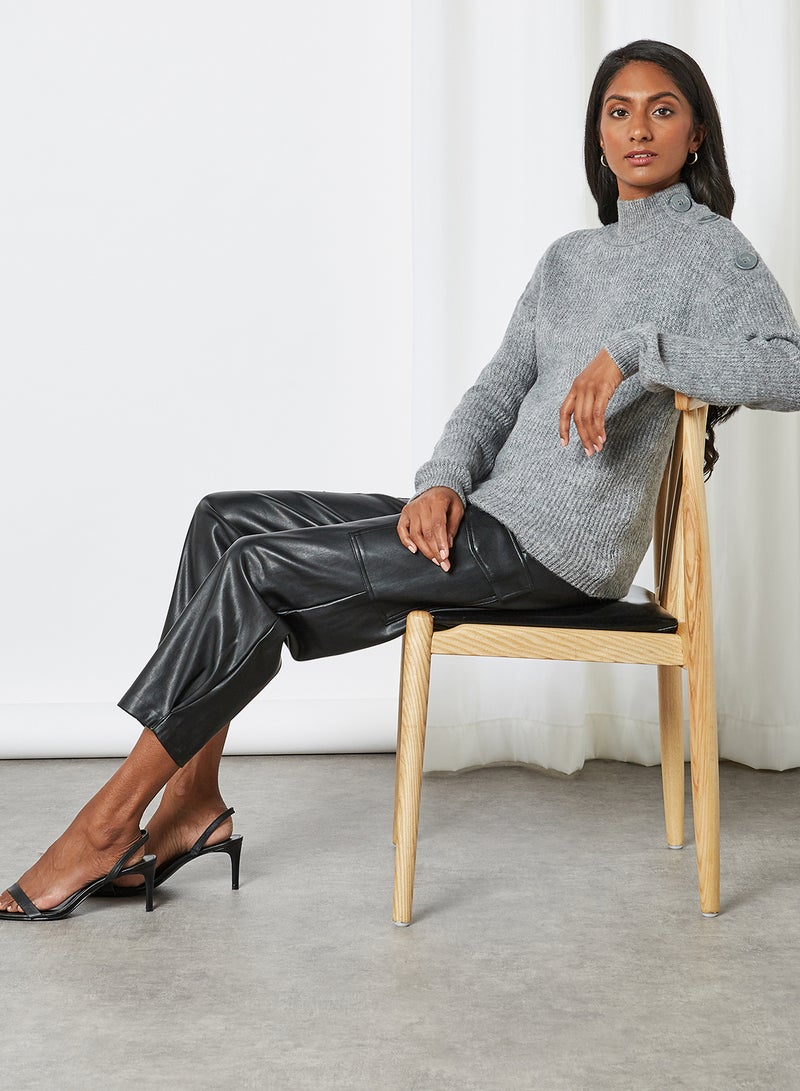 Side Shoulder Button Detail Knitted Sweater Grey