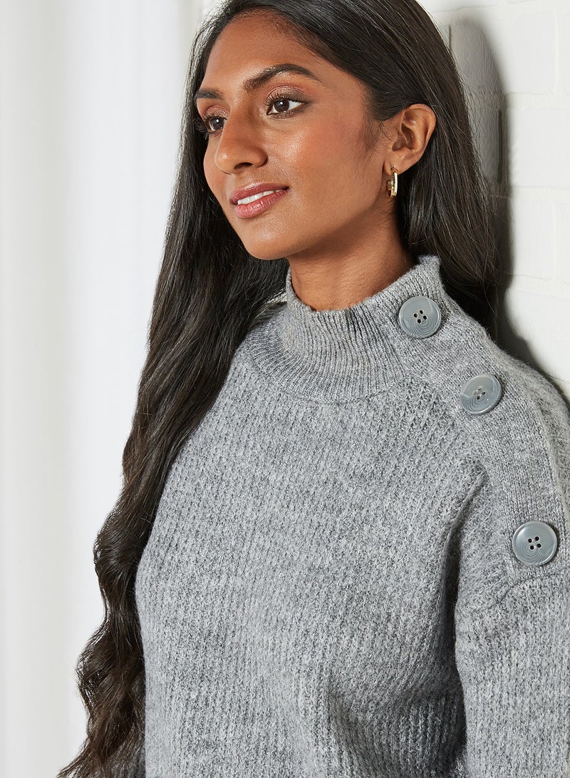 Side Shoulder Button Detail Knitted Sweater Grey