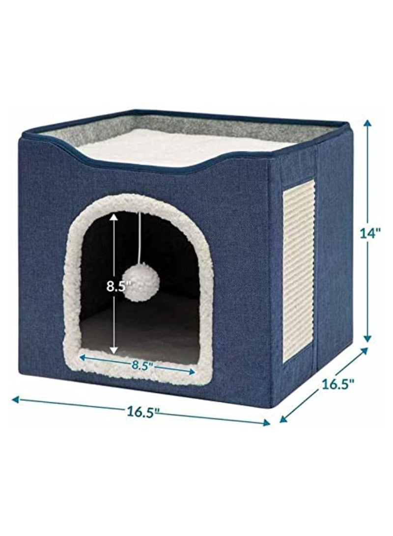 Foldable Comfortable Indoor Cat Bed With Hanging Fluffy Ball, Scratching Pad And Detachable Storage Box. Large Pet Play House