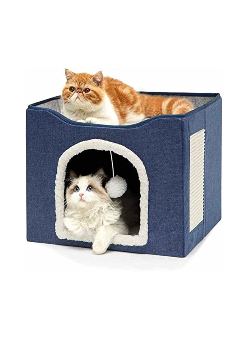 Foldable Comfortable Indoor Cat Bed With Hanging Fluffy Ball, Scratching Pad And Detachable Storage Box. Large Pet Play House