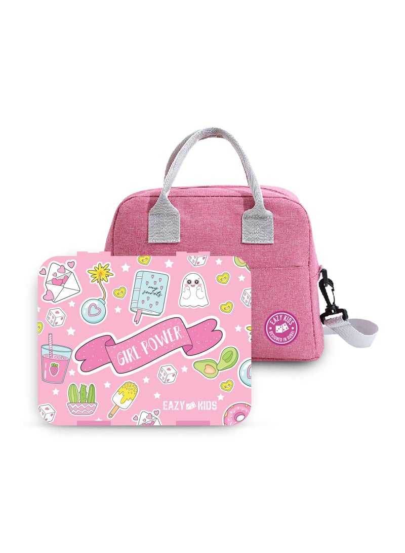 Eazy Kids Bento Box wt Insulated Lunch Bag & Cutter Set Combo Girl Power Pink