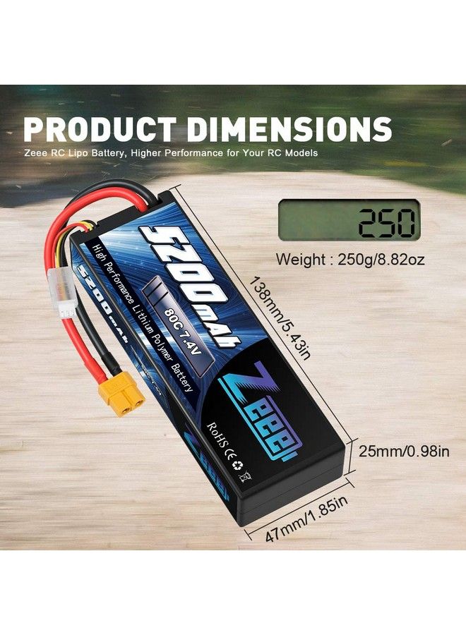 2S 5200Mah Lipo Battery 7.4V 80C Battery With Xt60 Plug Hard Case For 1/8 1/10 Rc Vehicles Car Slash Rc Buggy Truggy Rc Airplane Uav Drone(2 Packs)