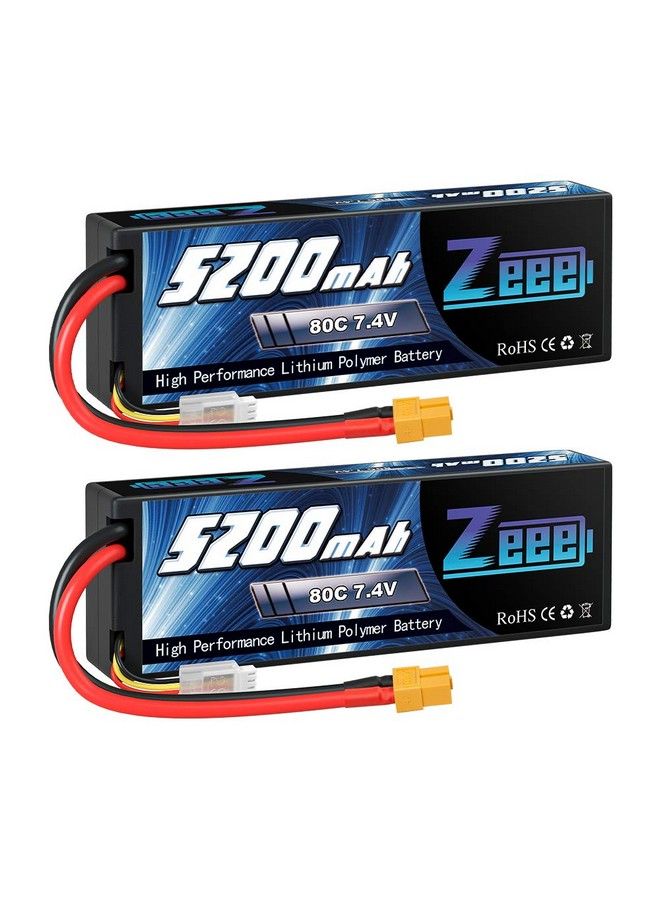 2S 5200Mah Lipo Battery 7.4V 80C Battery With Xt60 Plug Hard Case For 1/8 1/10 Rc Vehicles Car Slash Rc Buggy Truggy Rc Airplane Uav Drone(2 Packs)